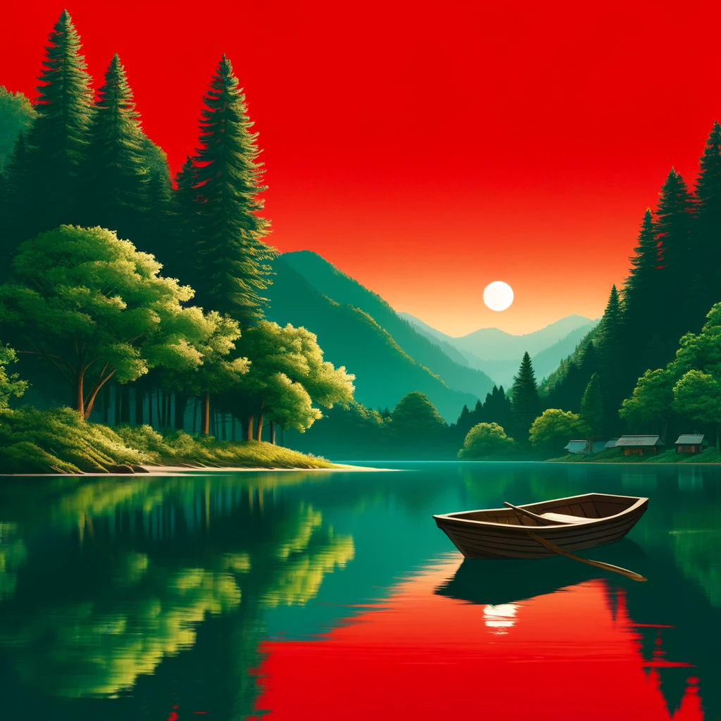 DALL·E 2024-04-12 13.55.49 - A serene landscape with a bright red background, featuring a large tranquil lake with crystal-clear water reflecting the sky, surrounded by lush green